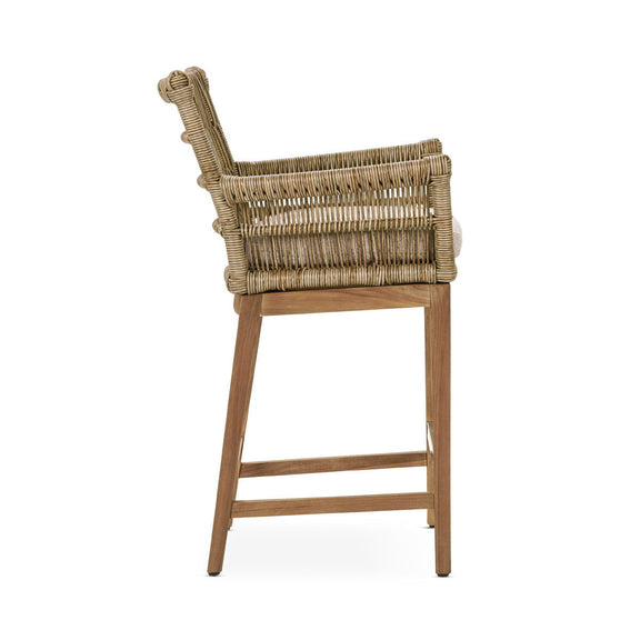 Natural woven tall bar stool with curved back and armrests, no cushion visible