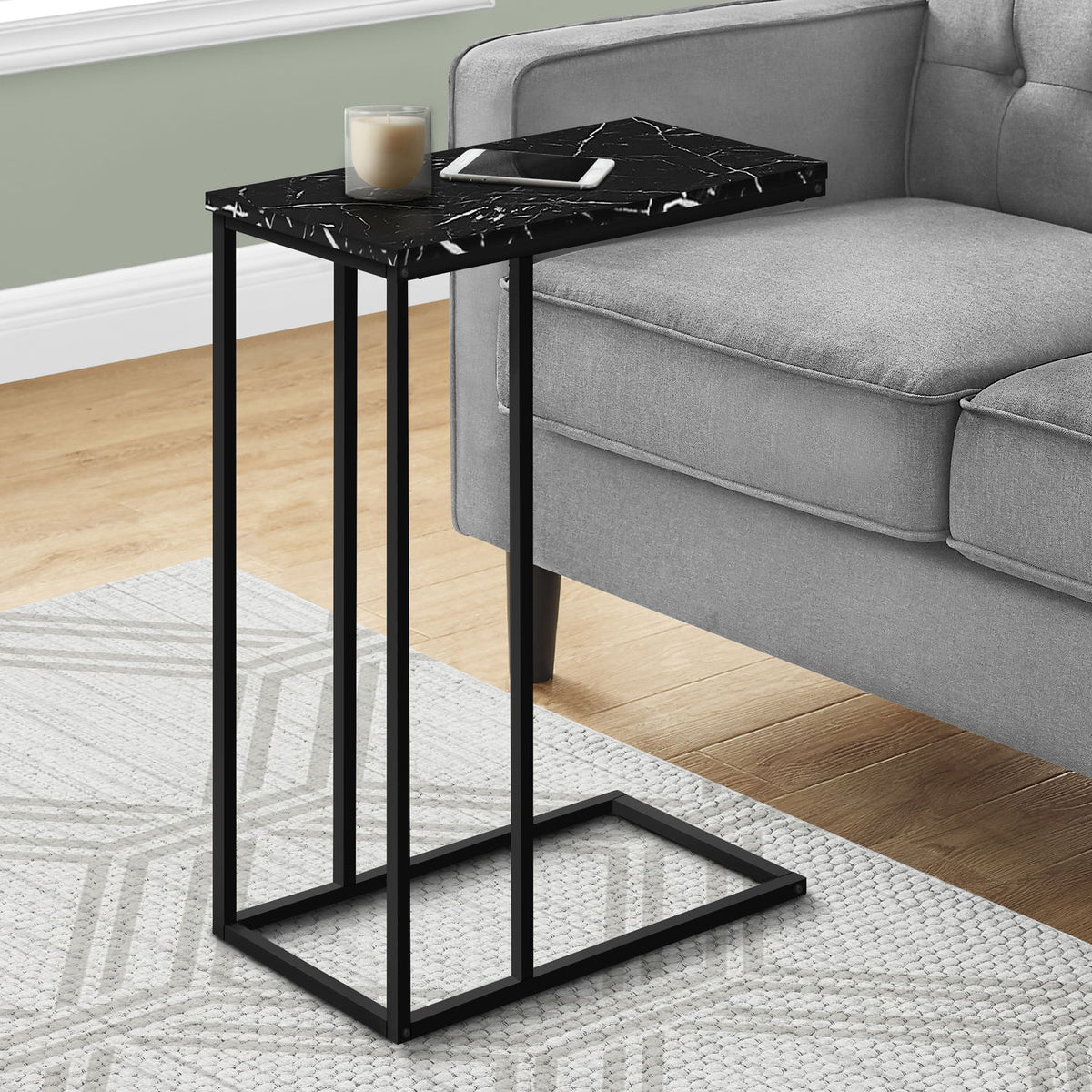 Accent Table, C - Shaped, Marble Look Modern Design - Black