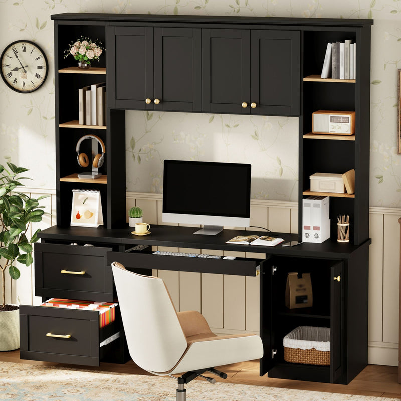 Black computer desk workstation with hutch, shelves, cabinet doors, and central monitor setup