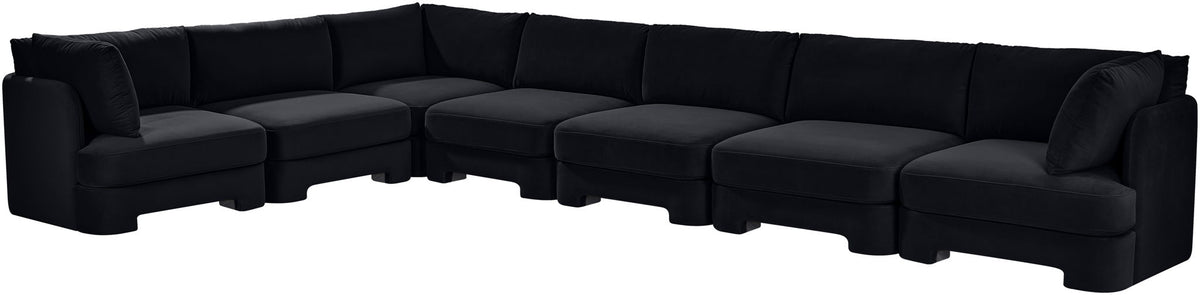 Black velvet performance fabric sectional sofa, low profile with square track arms