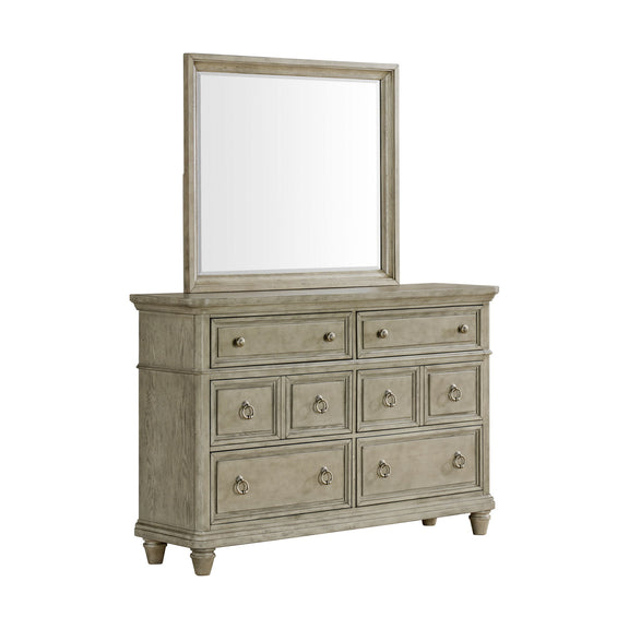Gray dresser with attached square mirror, paneled drawer fronts, and metal knobs.