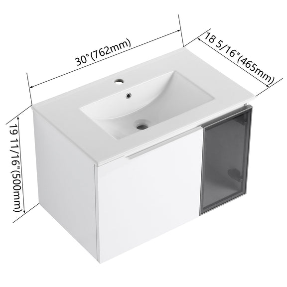 White bathroom vanity cabinet with integrated sink and right glass door, size arrows shown