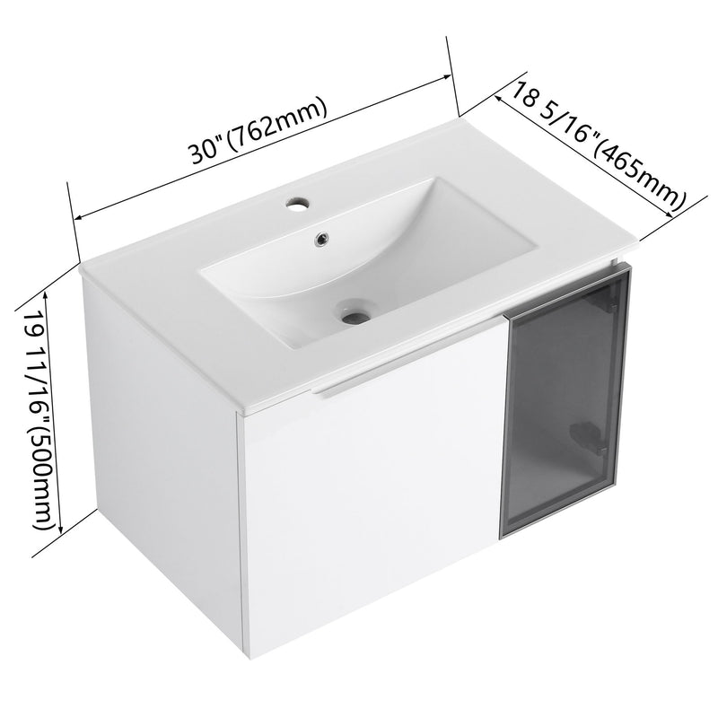 White bathroom vanity cabinet with integrated sink and right glass door, size arrows shown