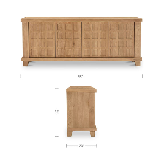 Natural oak sideboard with four paneled cabinet doors and turned feet