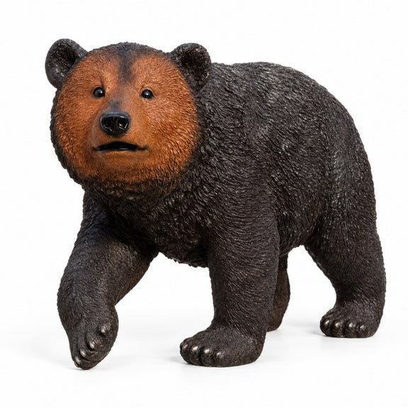 Walking bear garden statue with textured dark body and brown face