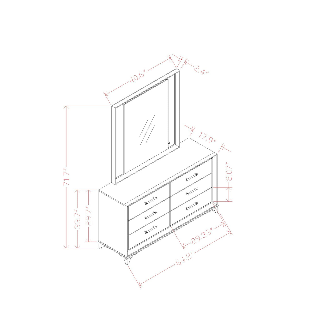 Mirror with LED frame and base drawers, size diagram