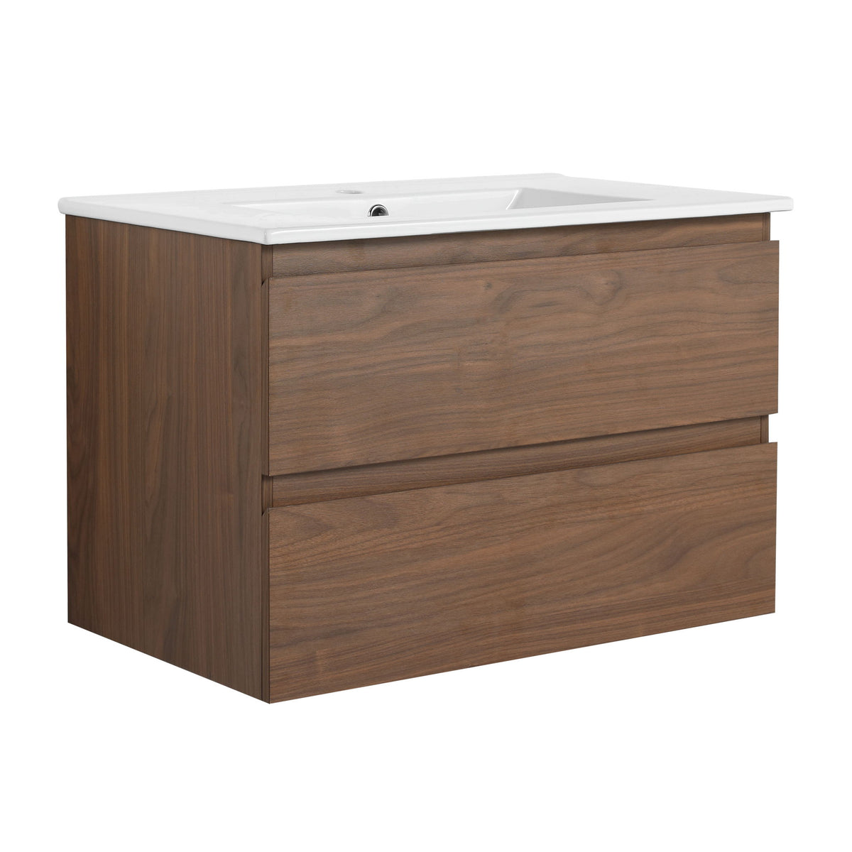 Wall-mounted bathroom vanity with white sink basin and two dark brown soft-close drawers