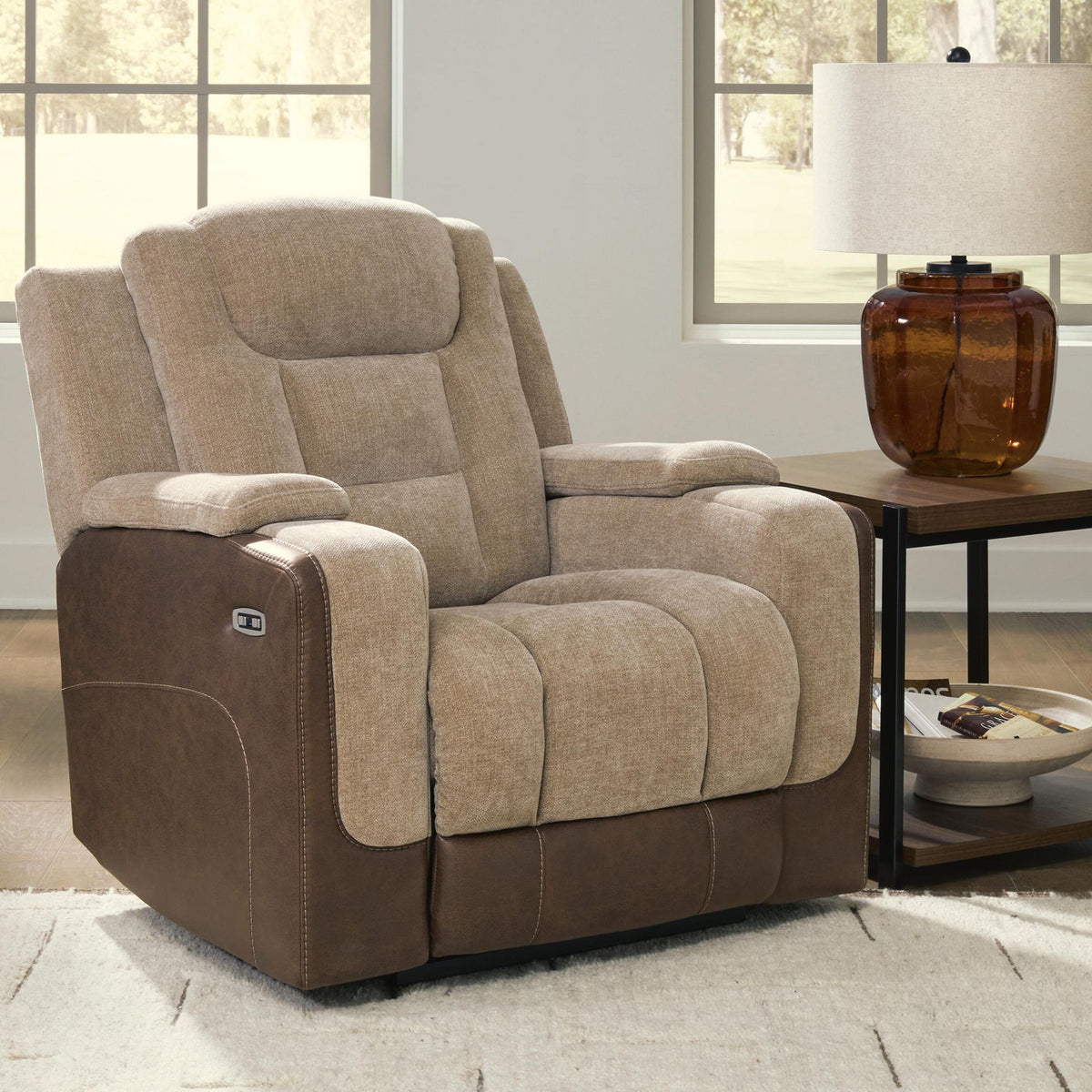 Two-tone power recliner chair with adjustable headrest, beige seat and dark brown sides