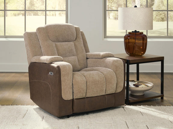 Two-tone power recliner chair with adjustable headrest, beige seat and dark brown sides