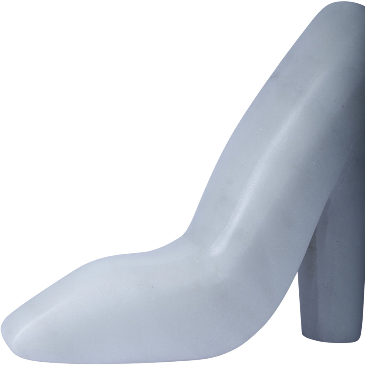 Light blue marble high-heel shoe sculpture with angled side view and block heel