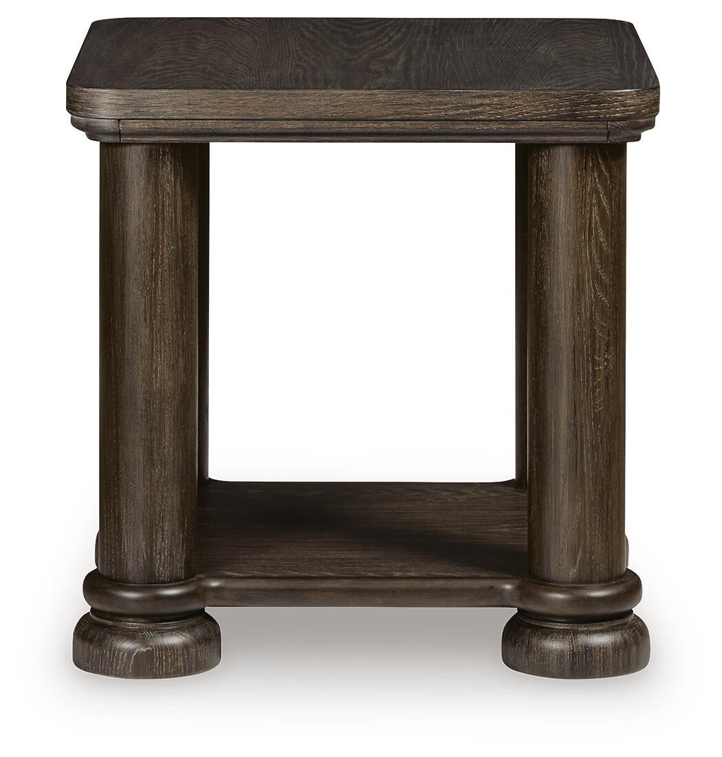 Dark brown rectangular cocktail table with open base and lower shelf