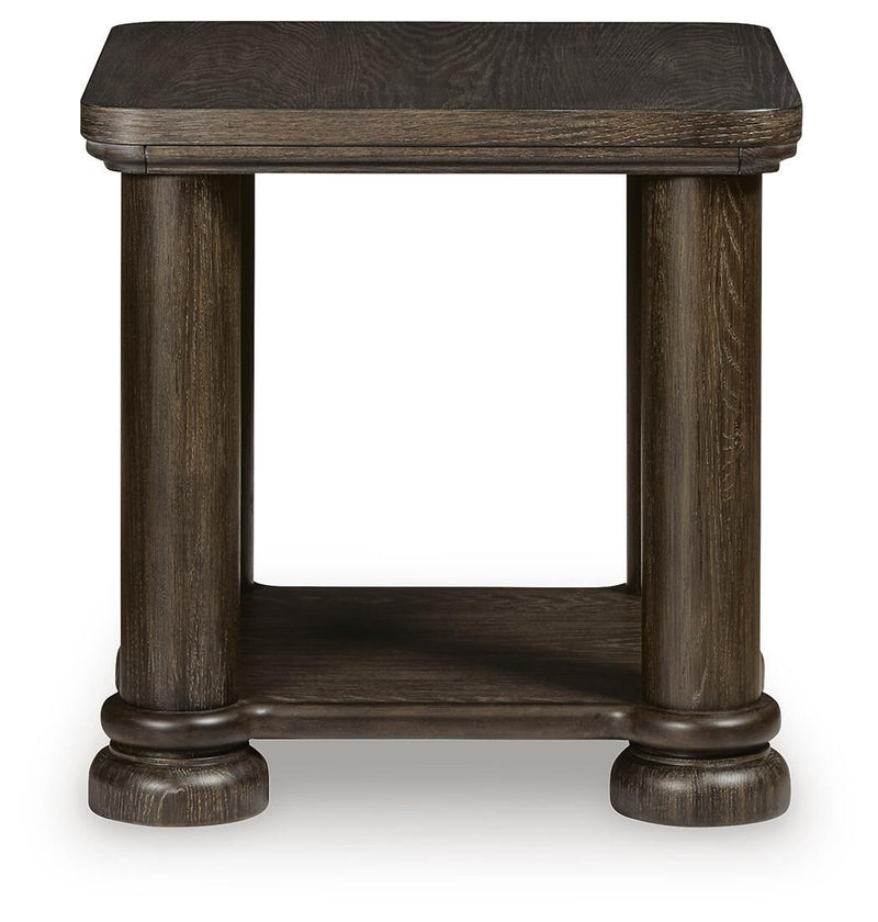 Dark brown rectangular cocktail table with open base and lower shelf
