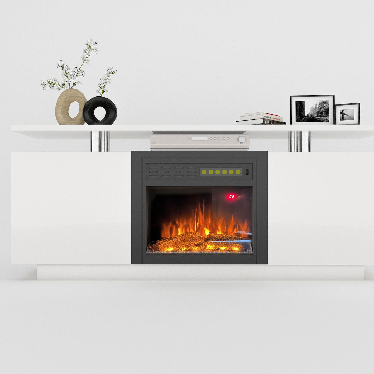 TV Cabinet, TV Unit With Fireplace, Have Heat And Flame Color Changes - White