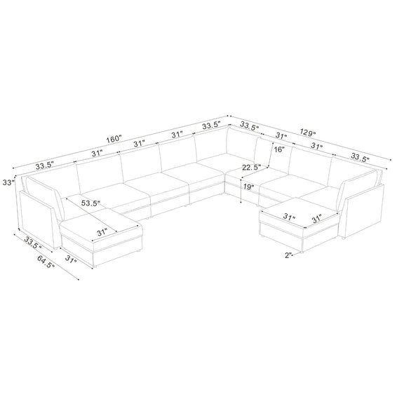 Sectional sofa configuration sketch with labeled dimensions and two ottoman seats