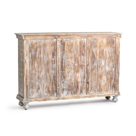 Distressed two-door sideboard with textured vertical paneling and gray caster feet