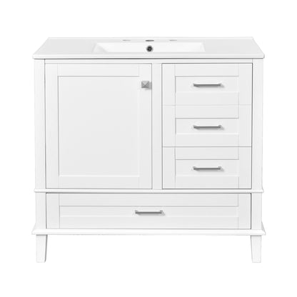 White bathroom vanity cabinet with sink, soft-close door, and 3 drawers.
