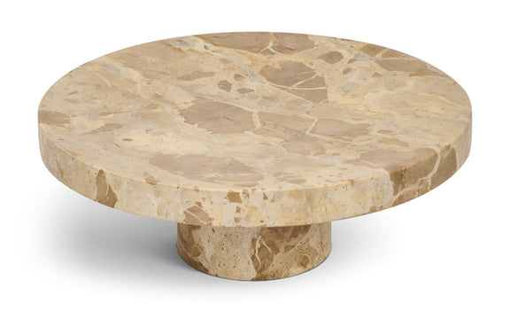 Round genuine marble tray with beige top and pedestal base, natural stone veining