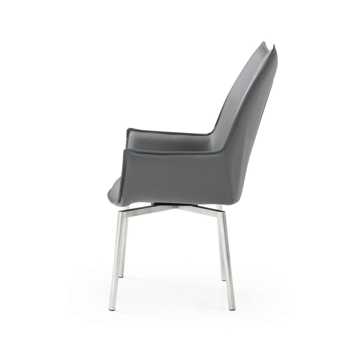 Dark gray swivel dining chair with padded backrest, seat, and white metal legs