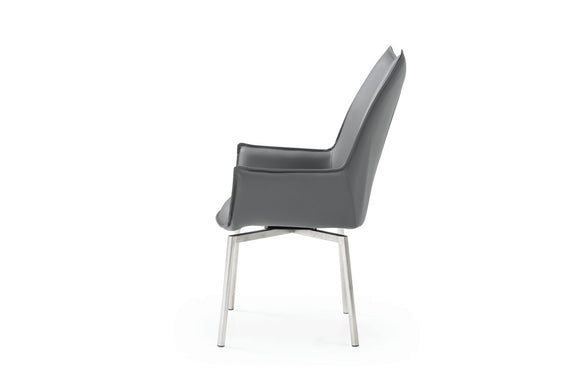Dark gray swivel dining chair with padded backrest, seat, and white metal legs