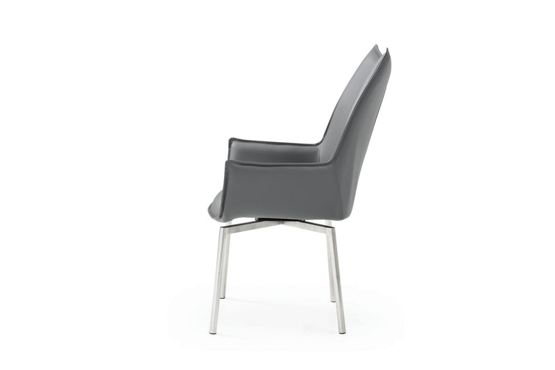 Dark gray swivel dining chair with padded backrest, seat, and white metal legs