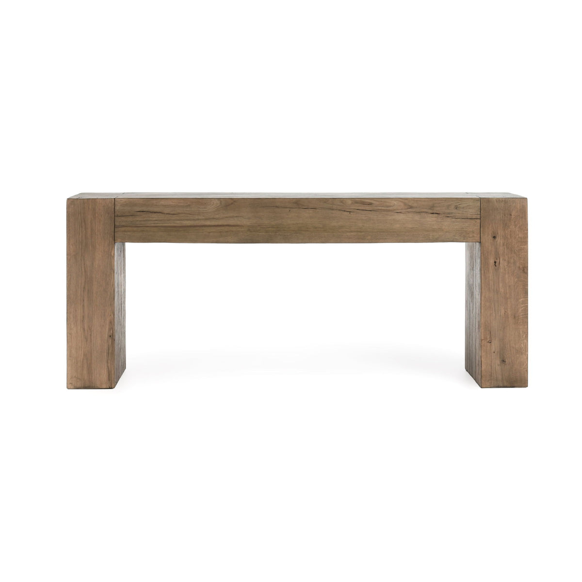 Reclaimed oak coffee table with thick top and open base, warm brown finish