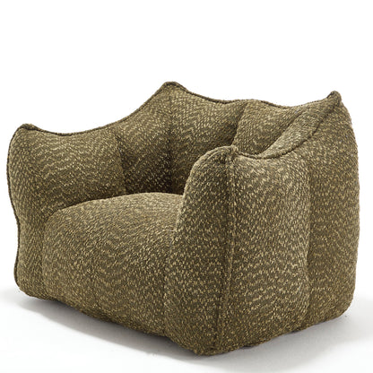Olive green upholstered sofa chair with rounded arms and cushioned back