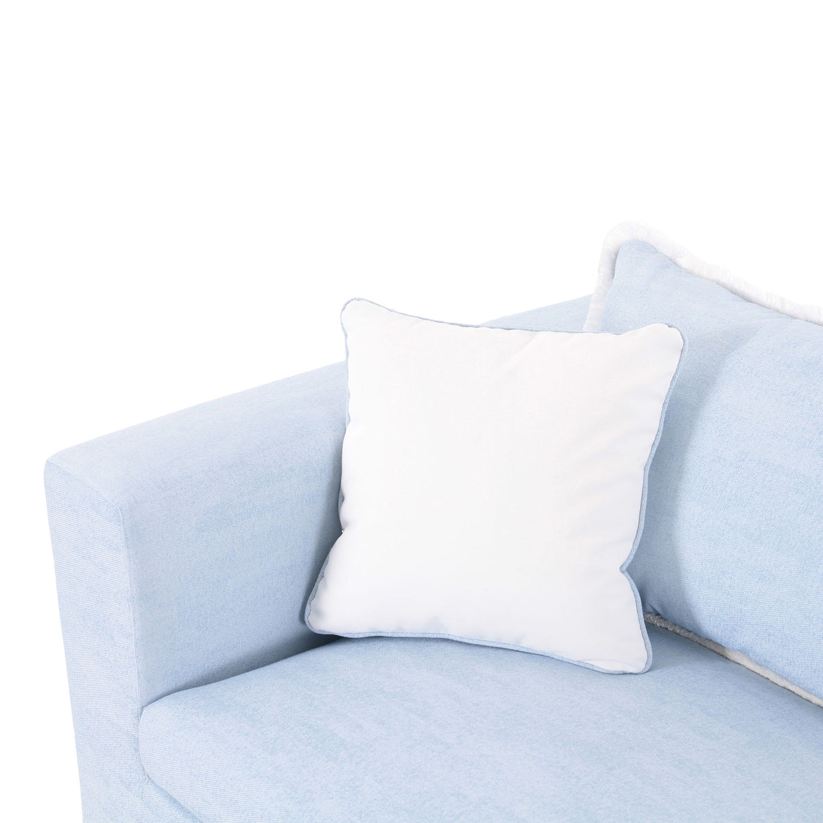 Light blue boucle outdoor sofa arm with seat cushion and white accent throw pillow