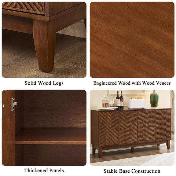 Walnut cabinet detail collage showing solid wood legs, veneer, thick panels, and base