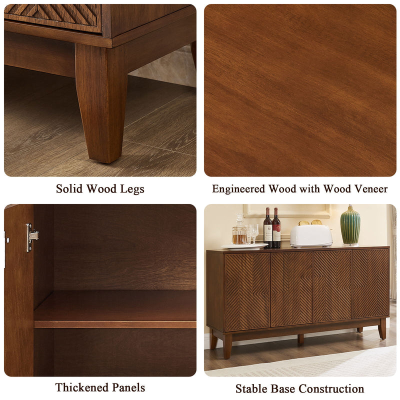 Walnut cabinet detail collage showing solid wood legs, veneer, thick panels, and base