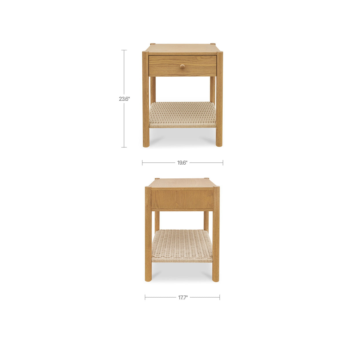 Natural wood nightstand showing front/back dimensions, drawer, and woven shelf.