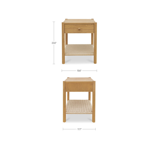 Natural wood nightstand showing front/back dimensions, drawer, and woven shelf.