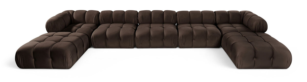 Dark brown modular sectional sofa with tufted cushions and rounded armrests, low back