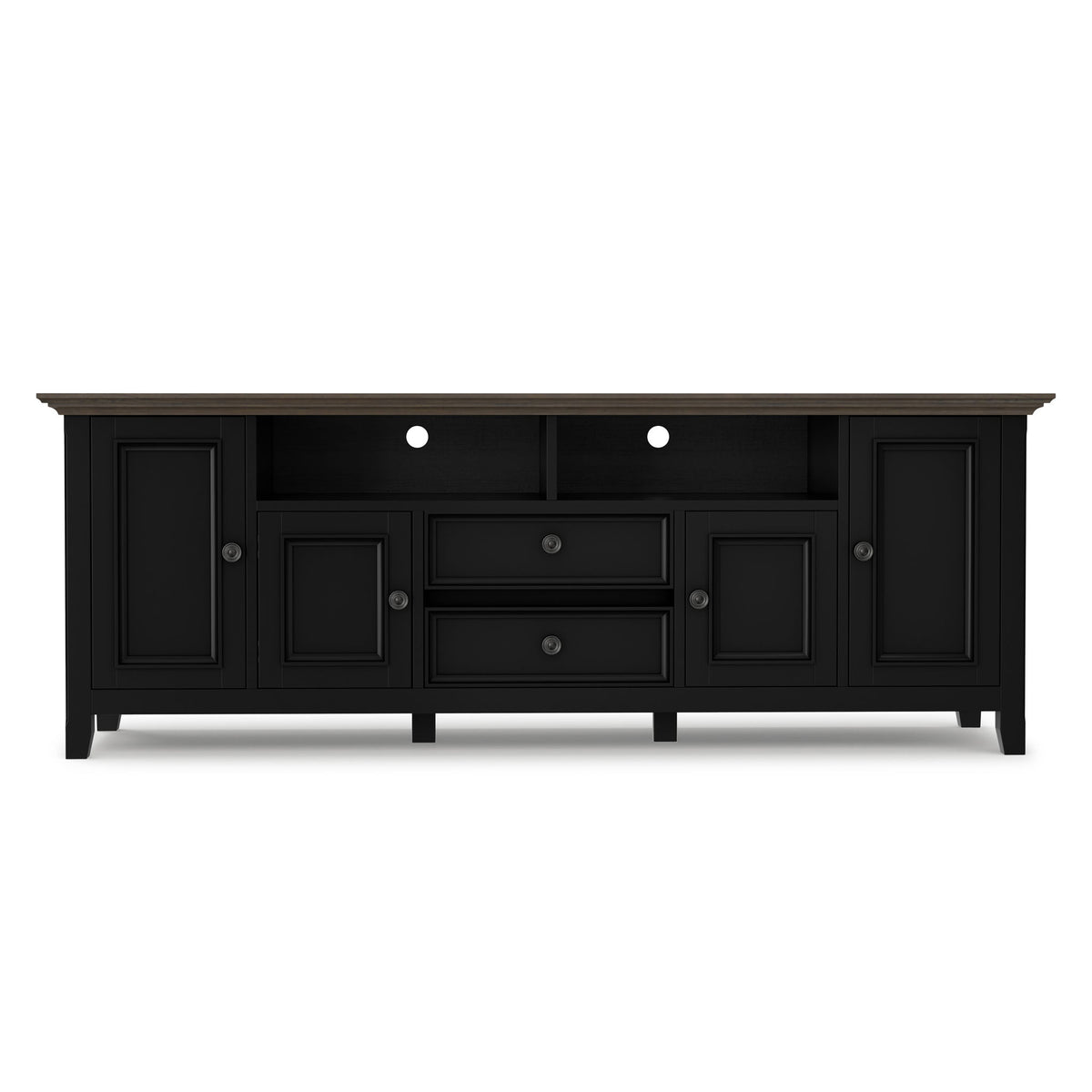 Handcrafted black wide TV media stand with cabinet doors, drawers, and open media shelves