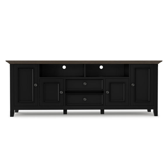 Handcrafted black wide TV media stand with cabinet doors, drawers, and open media shelves
