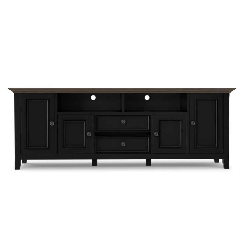Handcrafted black wide TV media stand with cabinet doors, drawers, and open media shelves