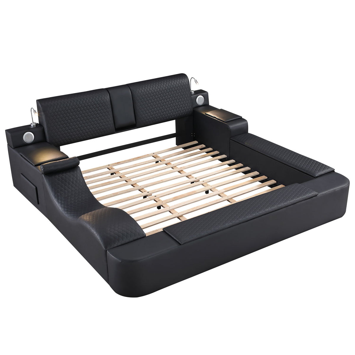 Black multifunctional massage bed with padded headboard and slatted base