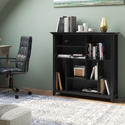 Dark brown multi-cube bookcase storage unit with open square shelves and center cubbies.