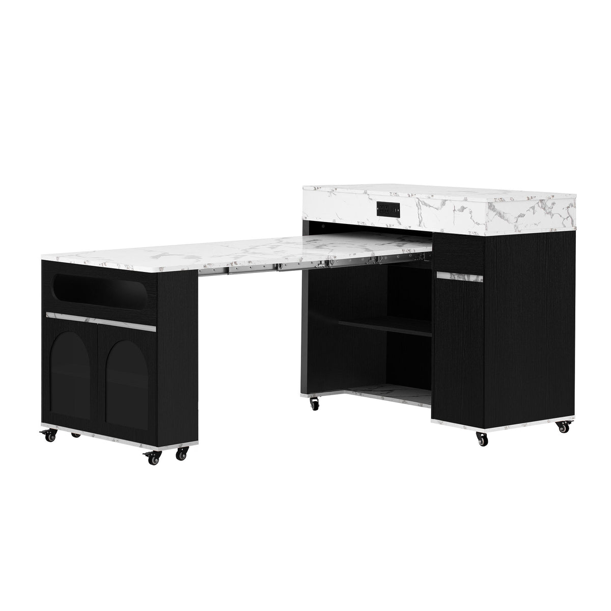 Rolling kitchen island with fold-out top, marble surface, dark side cabinets and wheels