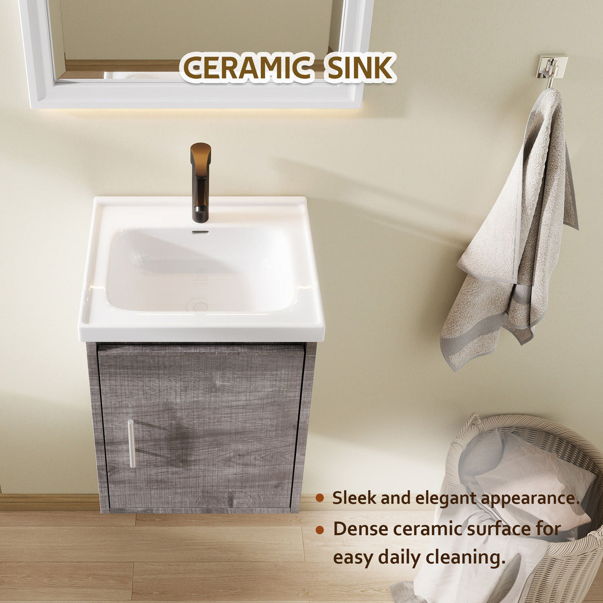 Wall-mounted bathroom vanity with ceramic sink and faucet, gray single-door cabinet