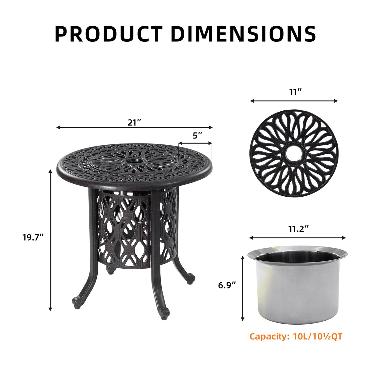 Side Table With Removable Ice Bucket, Hand Brushed Finish, Food Grade Bucket For Indoor & Outdoor Use - Antique Bronze