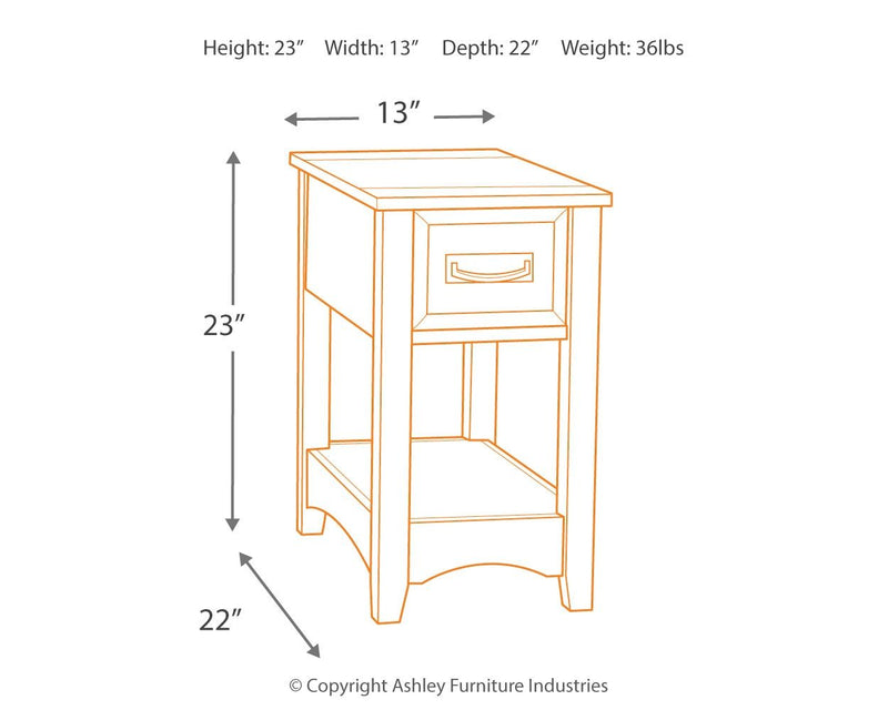 Chair side end table size diagram: 1 drawer with lower open shelf
