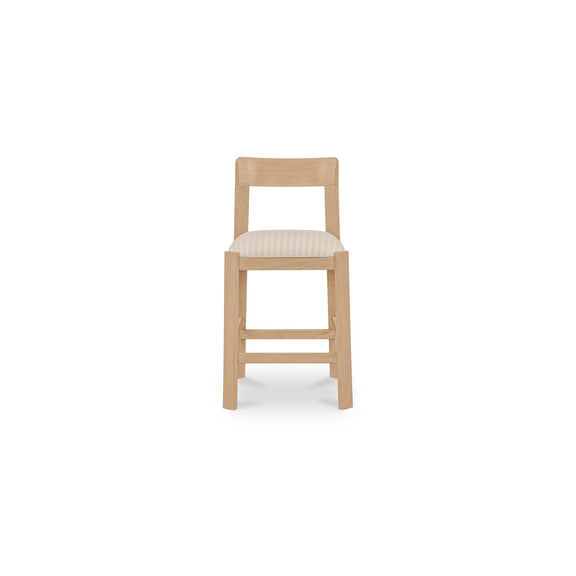 Light wood counter stool with striped cushioned seat and open back frame