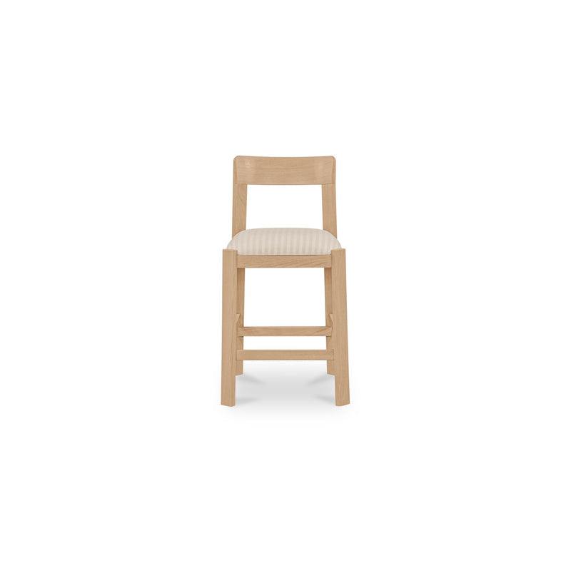 Light wood counter stool with striped cushioned seat and open back frame