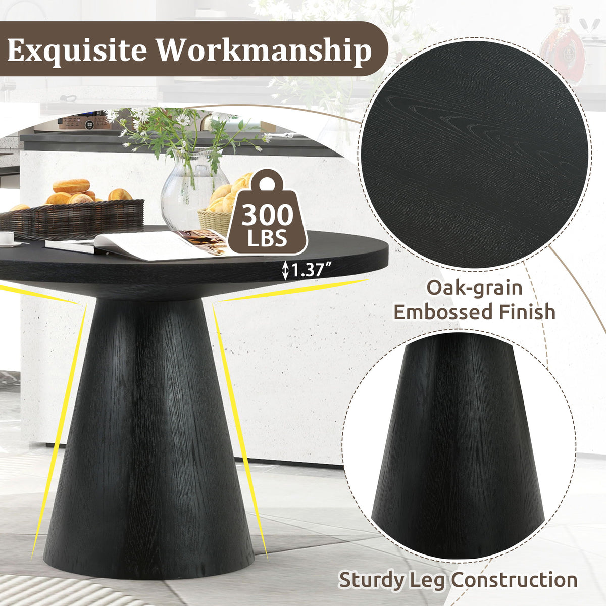 Black round dining table with embossed oak-grain finish and tapered base