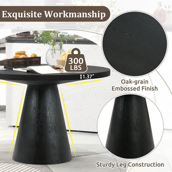 Black round dining table with embossed oak-grain finish and tapered base