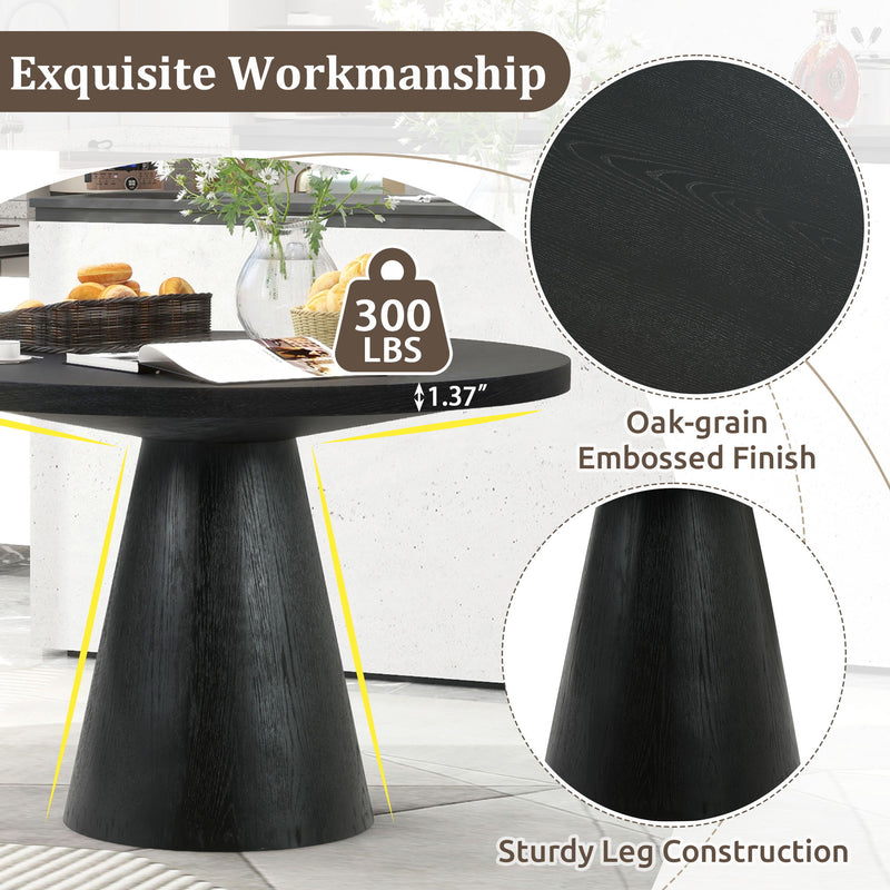 Black round dining table with embossed oak-grain finish and tapered base