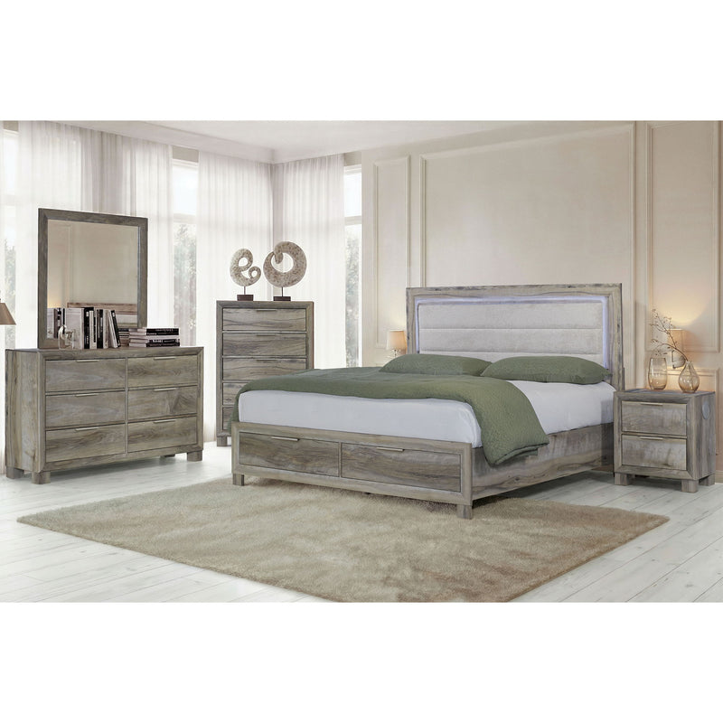 Wood dresser with six drawers and metal pulls, distressed gray-brown finish.