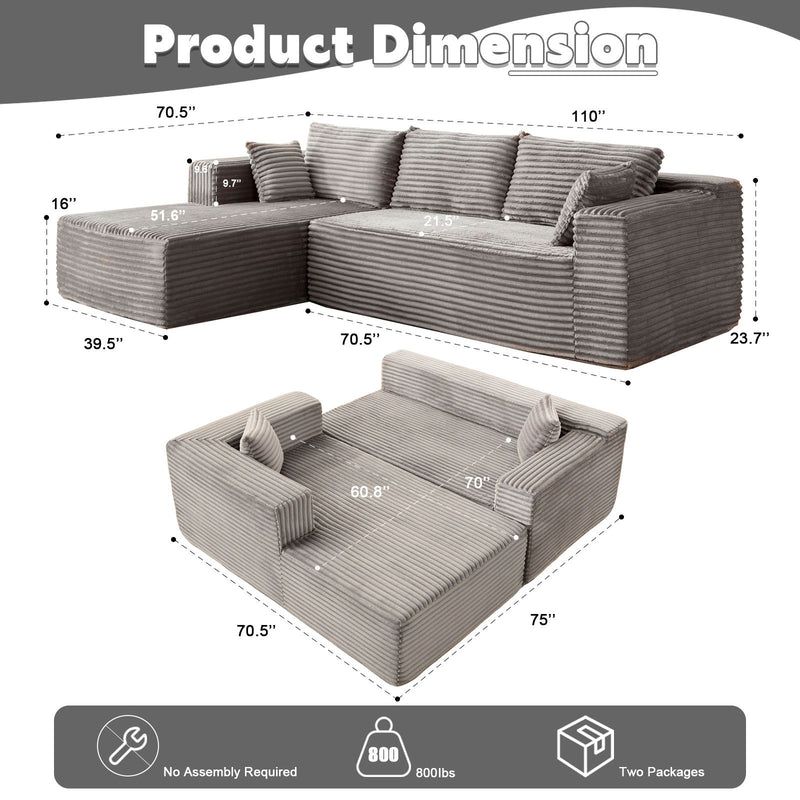 Compression Sectional Couch With Comfy Chaise, Boneless L Shape Sofa With Deep Seat