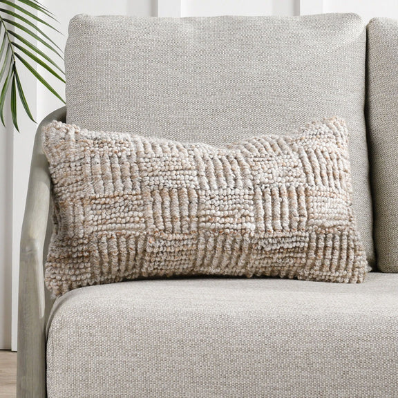 Ivory square textured throw pillow with raised knit stripe pattern