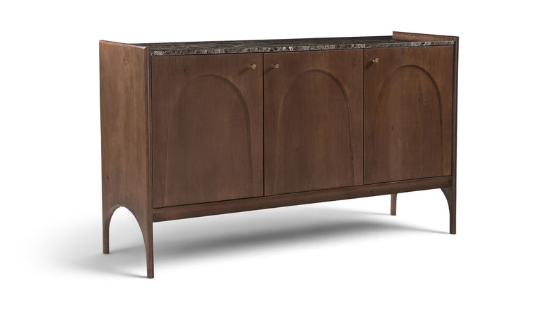 Dark brown marble top sideboard with three door panels and arched detailing